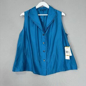 Jones New York Womens Top 16W Blue 100% Silk Satin Sleeveless Button Shirt Y2K